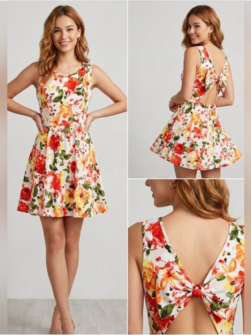 Papaya White Floral Skater Dress L Cutout Open Back Bow Fit Flare Summer Mini